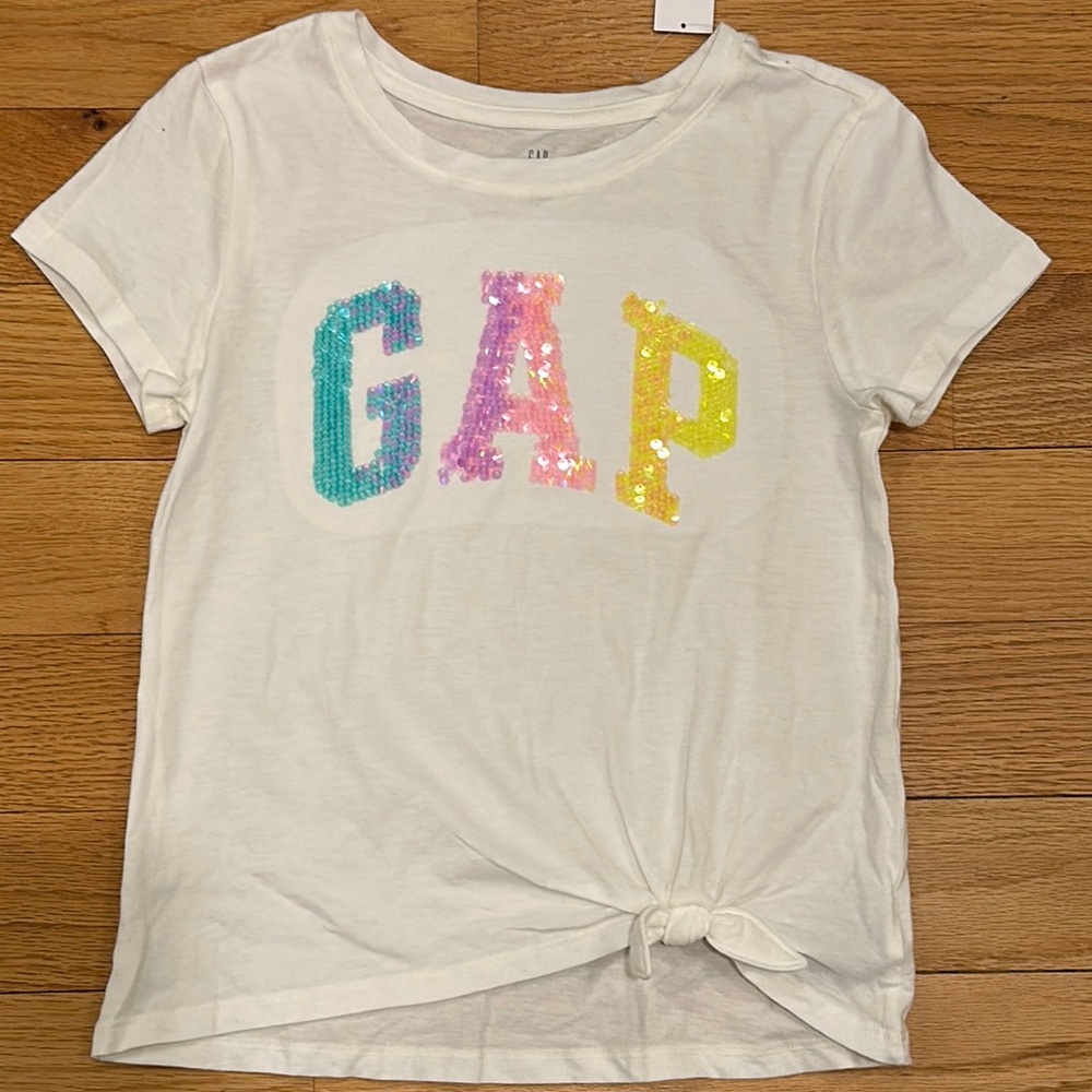 GAP Kids White Sequin Logo T-Shirt, size L, NEW
